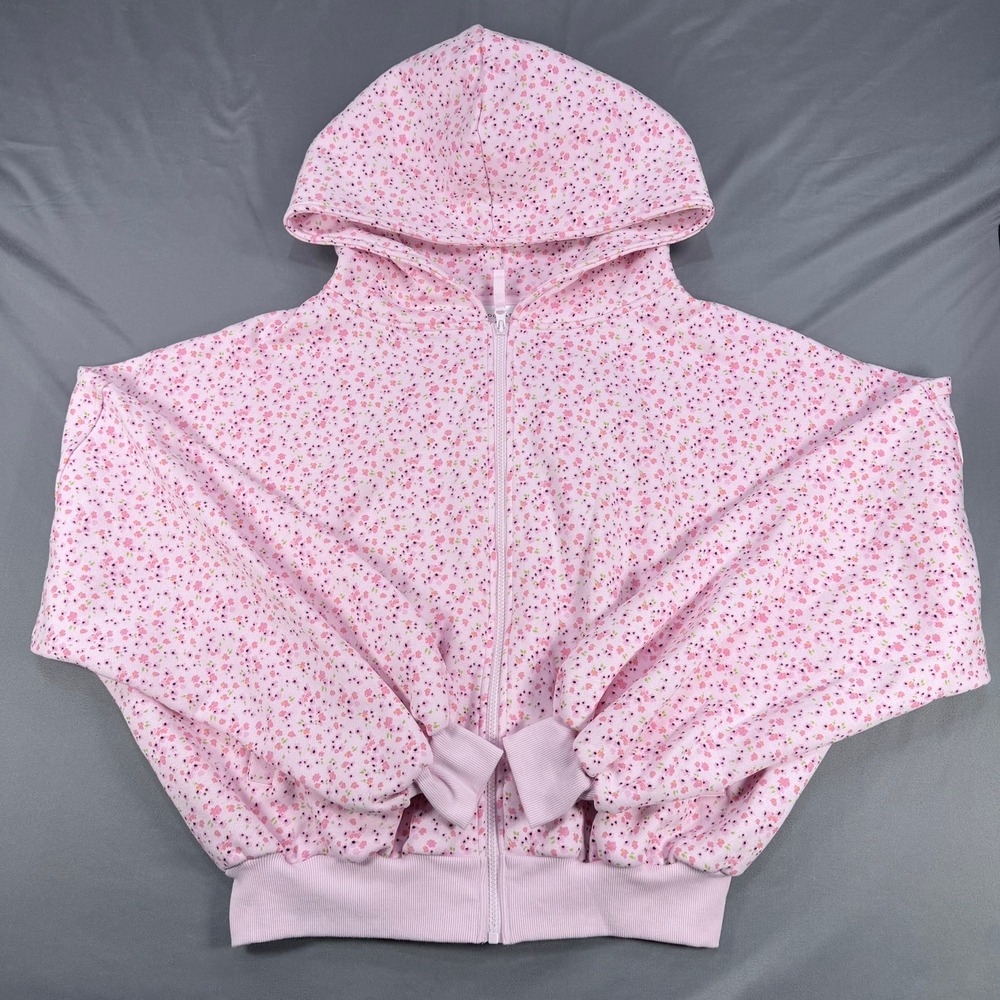 Blogilates Womens M Pink Floral Cotton Blend Marshmallow Hoodie Oversized Zip Up